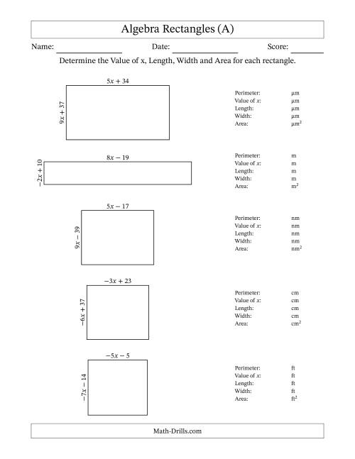 The Algebra Rectangles – Determining the Value of x, Length, Width and Area Using Algebraic Sides and the Perimeter – m Range [2,9] or [-9,-2] (A) Math Worksheet