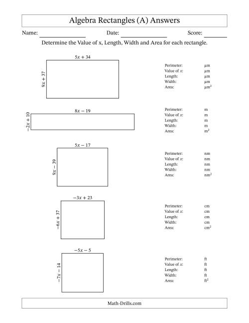 The Algebra Rectangles – Determining the Value of x, Length, Width and Area Using Algebraic Sides and the Perimeter – m Range [2,9] or [-9,-2] (A) Math Worksheet Page 2