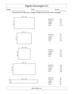 Algebra Rectangles – Determining the Value of x, Length, Width and Area Using Algebraic Sides and the Perimeter – m Range [2,9]
