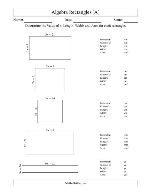 The Algebra Rectangles – Determining the Value of x, Length, Width and Area Using Algebraic Sides and the Perimeter – m Range [2,9] (A) Math Worksheet