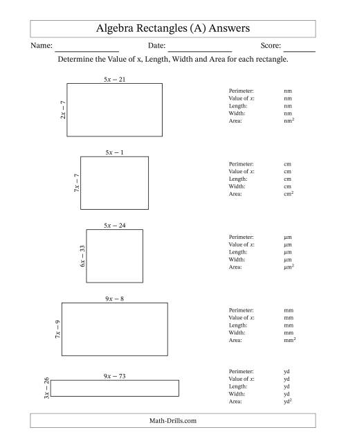 The Algebra Rectangles – Determining the Value of x, Length, Width and Area Using Algebraic Sides and the Perimeter – m Range [2,9] (A) Math Worksheet Page 2