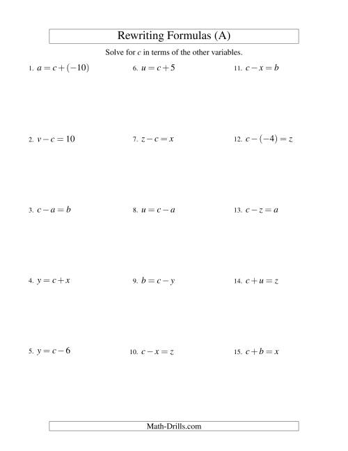 The Rewriting Formulas -- One-Step -- Addition and Subtraction (A) Math Worksheet
