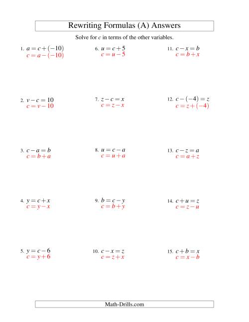 The Rewriting Formulas -- One-Step -- Addition and Subtraction (A) Math Worksheet Page 2