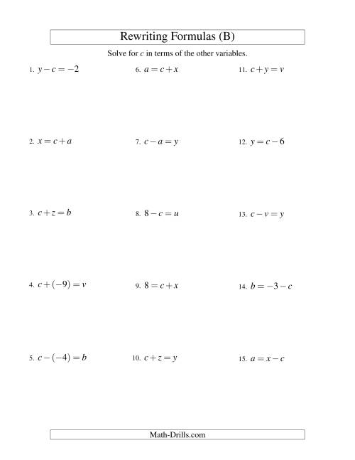 The Rewriting Formulas -- One-Step -- Addition and Subtraction (B) Math Worksheet