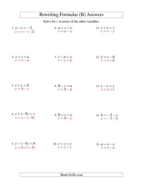 The Rewriting Formulas -- One-Step -- Addition and Subtraction (B) Math Worksheet Page 2