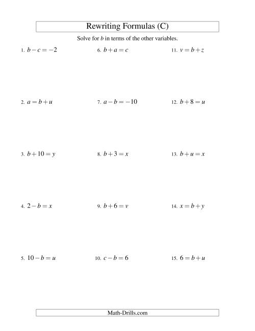 The Rewriting Formulas -- One-Step -- Addition and Subtraction (C) Math Worksheet