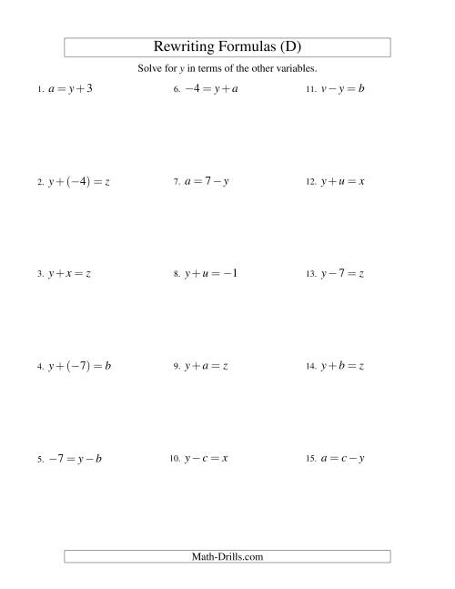 The Rewriting Formulas -- One-Step -- Addition and Subtraction (D) Math Worksheet