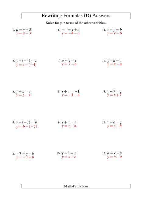 The Rewriting Formulas -- One-Step -- Addition and Subtraction (D) Math Worksheet Page 2