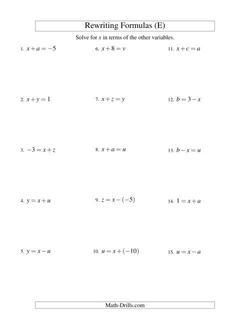The Rewriting Formulas -- One-Step -- Addition and Subtraction (E) Math Worksheet