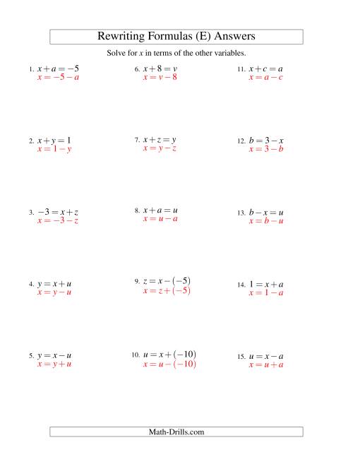 The Rewriting Formulas -- One-Step -- Addition and Subtraction (E) Math Worksheet Page 2