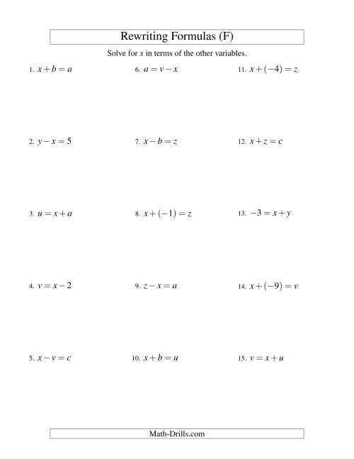 The Rewriting Formulas -- One-Step -- Addition and Subtraction (F) Math Worksheet