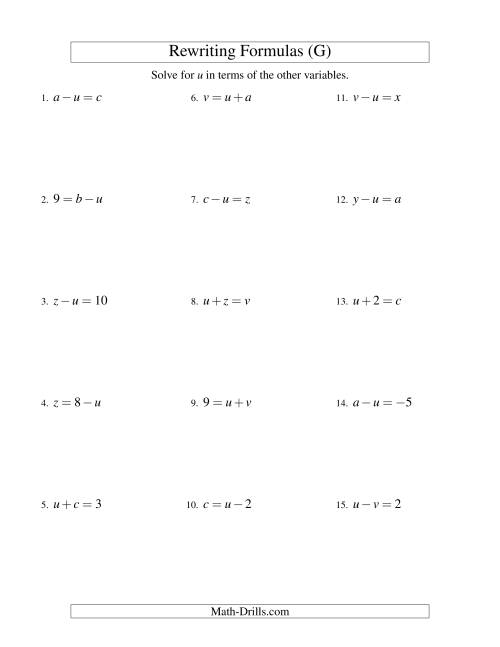 The Rewriting Formulas -- One-Step -- Addition and Subtraction (G) Math Worksheet
