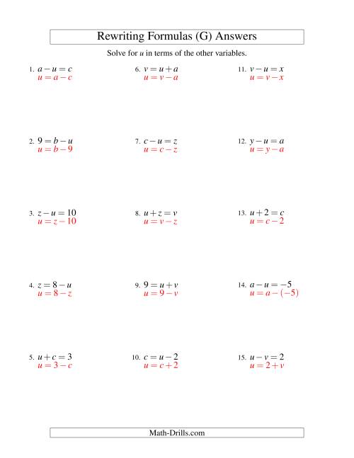 The Rewriting Formulas -- One-Step -- Addition and Subtraction (G) Math Worksheet Page 2