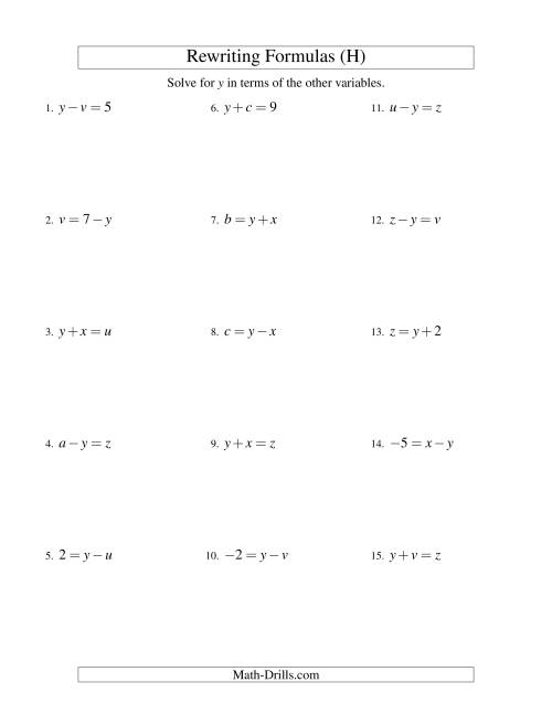 The Rewriting Formulas -- One-Step -- Addition and Subtraction (H) Math Worksheet