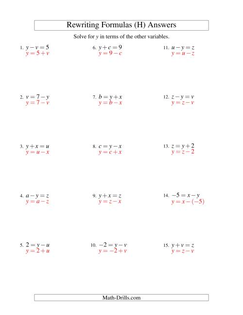 The Rewriting Formulas -- One-Step -- Addition and Subtraction (H) Math Worksheet Page 2