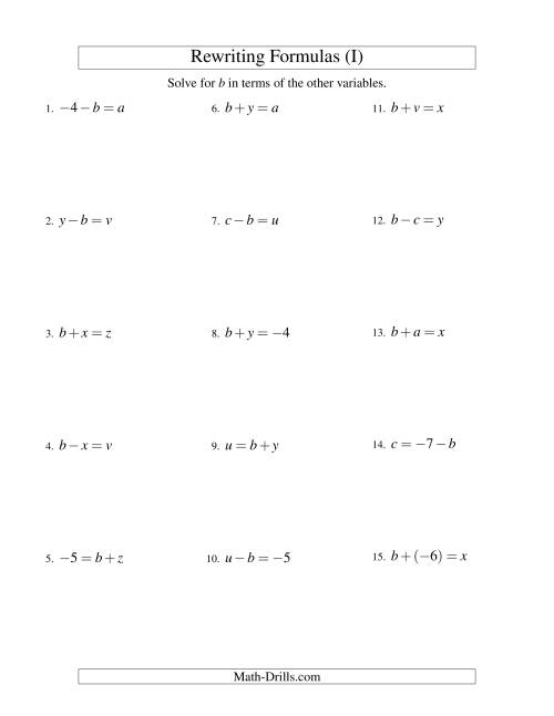The Rewriting Formulas -- One-Step -- Addition and Subtraction (I) Math Worksheet