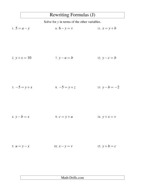 The Rewriting Formulas -- One-Step -- Addition and Subtraction (J) Math Worksheet