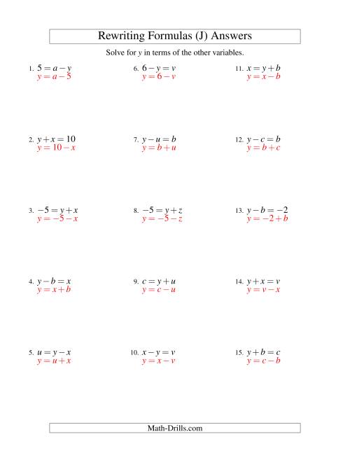The Rewriting Formulas -- One-Step -- Addition and Subtraction (J) Math Worksheet Page 2