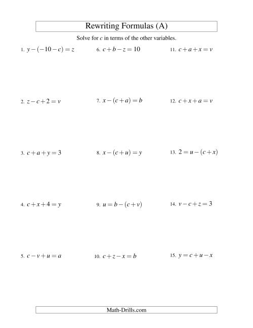 The Rewriting Formulas -- Two-Steps -- Addition and Subtraction (A) Math Worksheet