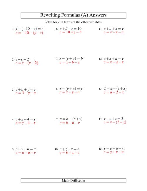 The Rewriting Formulas -- Two-Steps -- Addition and Subtraction (A) Math Worksheet Page 2
