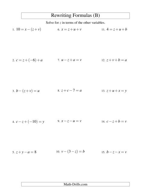 The Rewriting Formulas -- Two-Steps -- Addition and Subtraction (B) Math Worksheet