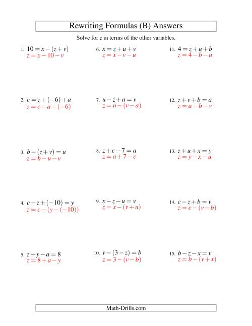 The Rewriting Formulas -- Two-Steps -- Addition and Subtraction (B) Math Worksheet Page 2