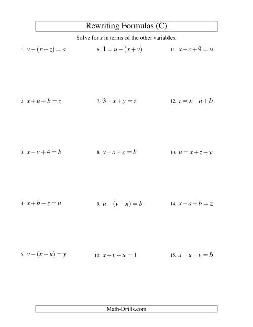 The Rewriting Formulas -- Two-Steps -- Addition and Subtraction (C) Math Worksheet