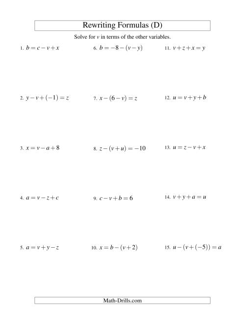 The Rewriting Formulas -- Two-Steps -- Addition and Subtraction (D) Math Worksheet