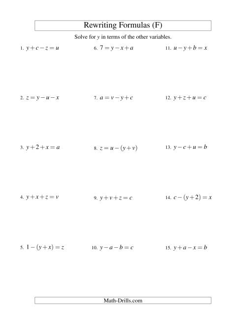 The Rewriting Formulas -- Two-Steps -- Addition and Subtraction (F) Math Worksheet