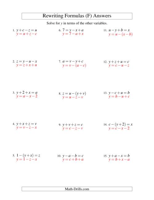 The Rewriting Formulas -- Two-Steps -- Addition and Subtraction (F) Math Worksheet Page 2
