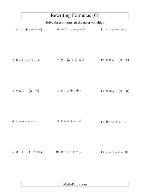 The Rewriting Formulas -- Two-Steps -- Addition and Subtraction (G) Math Worksheet