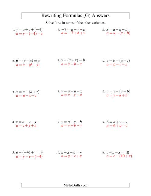 The Rewriting Formulas -- Two-Steps -- Addition and Subtraction (G) Math Worksheet Page 2