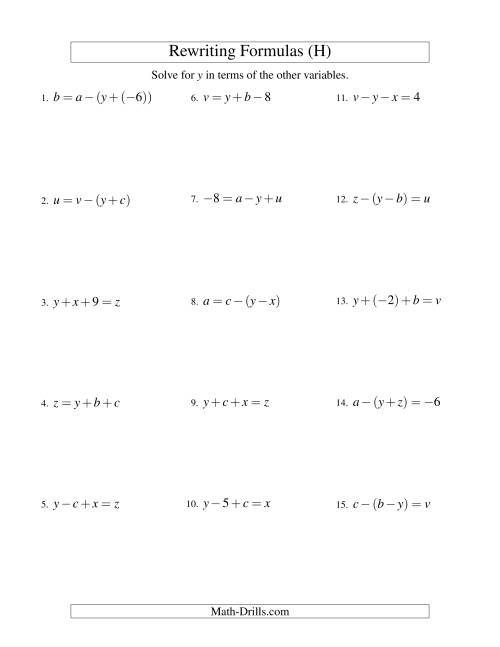 The Rewriting Formulas -- Two-Steps -- Addition and Subtraction (H) Math Worksheet