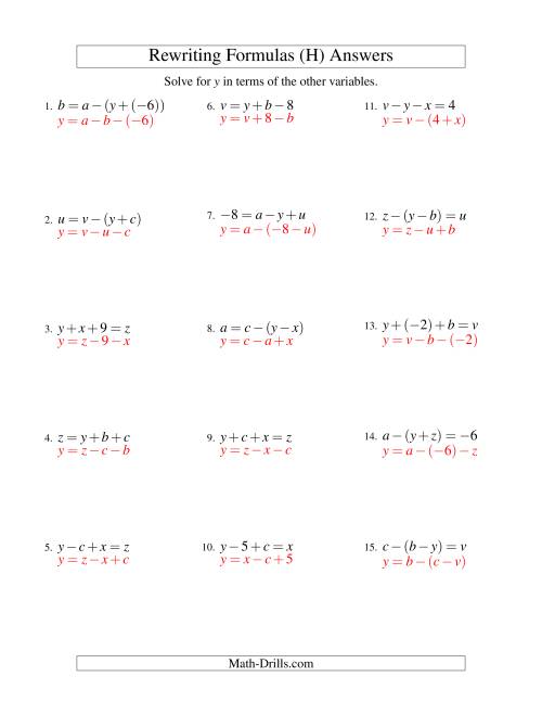 The Rewriting Formulas -- Two-Steps -- Addition and Subtraction (H) Math Worksheet Page 2
