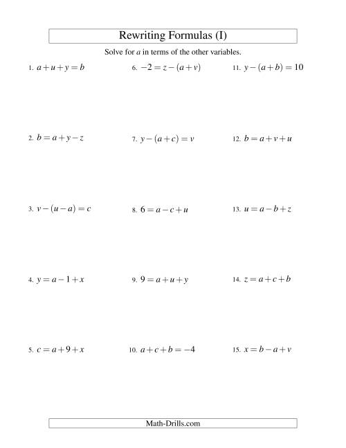 The Rewriting Formulas -- Two-Steps -- Addition and Subtraction (I) Math Worksheet