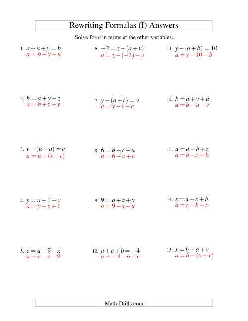 The Rewriting Formulas -- Two-Steps -- Addition and Subtraction (I) Math Worksheet Page 2