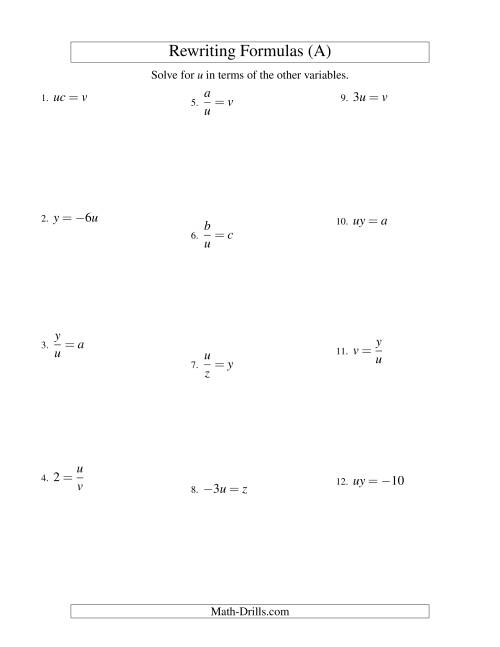 The Rewriting Formulas -- One-Step -- Multiplication and Division (A) Math Worksheet