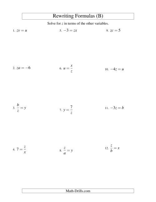 The Rewriting Formulas -- One-Step -- Multiplication and Division (B) Math Worksheet