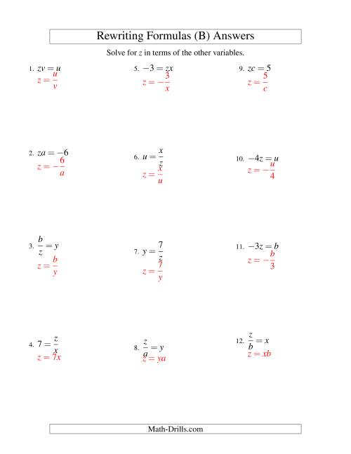 The Rewriting Formulas -- One-Step -- Multiplication and Division (B) Math Worksheet Page 2