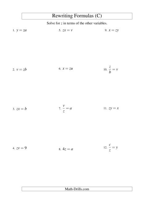The Rewriting Formulas -- One-Step -- Multiplication and Division (C) Math Worksheet