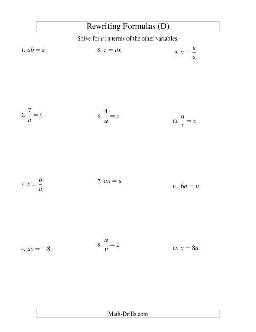 The Rewriting Formulas -- One-Step -- Multiplication and Division (D) Math Worksheet