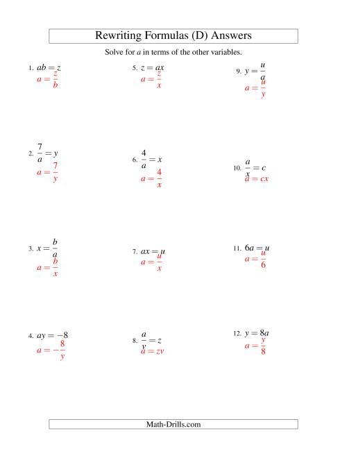 The Rewriting Formulas -- One-Step -- Multiplication and Division (D) Math Worksheet Page 2