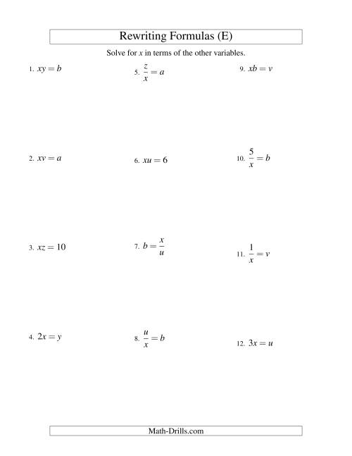 The Rewriting Formulas -- One-Step -- Multiplication and Division (E) Math Worksheet