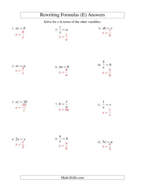 The Rewriting Formulas -- One-Step -- Multiplication and Division (E) Math Worksheet Page 2