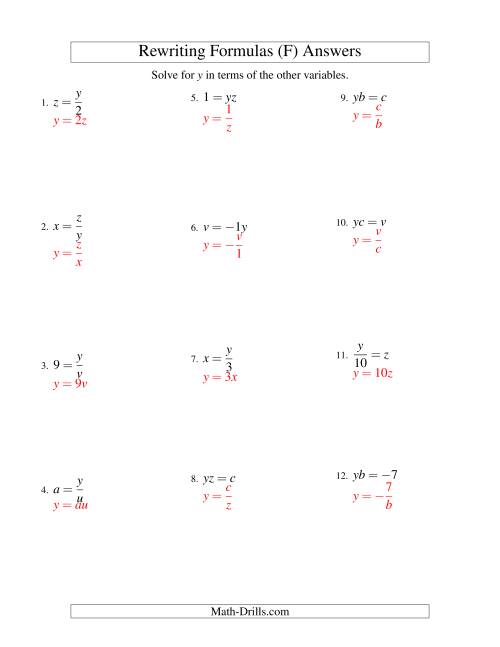 The Rewriting Formulas -- One-Step -- Multiplication and Division (F) Math Worksheet Page 2