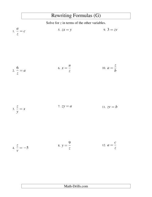 The Rewriting Formulas -- One-Step -- Multiplication and Division (G) Math Worksheet