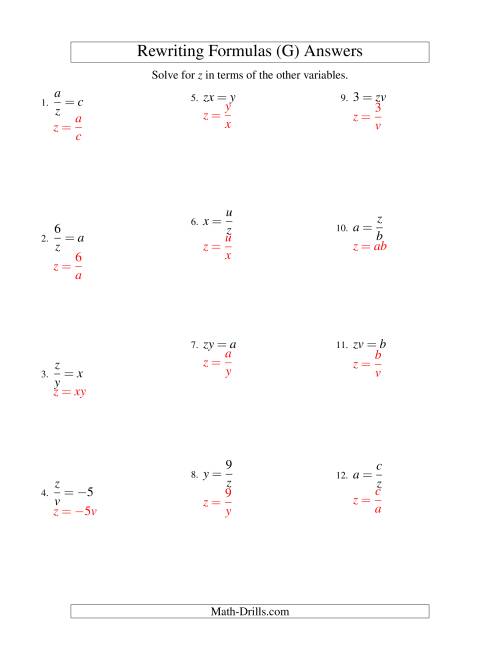 The Rewriting Formulas -- One-Step -- Multiplication and Division (G) Math Worksheet Page 2