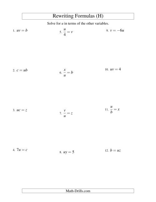 The Rewriting Formulas -- One-Step -- Multiplication and Division (H) Math Worksheet