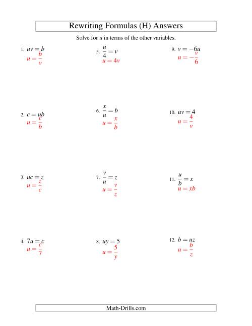 The Rewriting Formulas -- One-Step -- Multiplication and Division (H) Math Worksheet Page 2