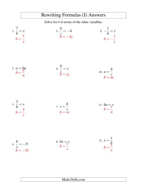 The Rewriting Formulas -- One-Step -- Multiplication and Division (I) Math Worksheet Page 2